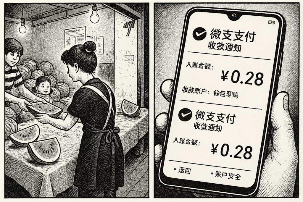 中国の人々が屋台でスイカを購入する際にWeChat Payを利用している様子