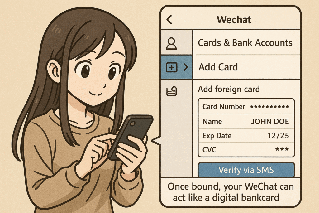 アニメ風のステップバイステップイラストで、外国の銀行カードをWeChatに連携する方法。